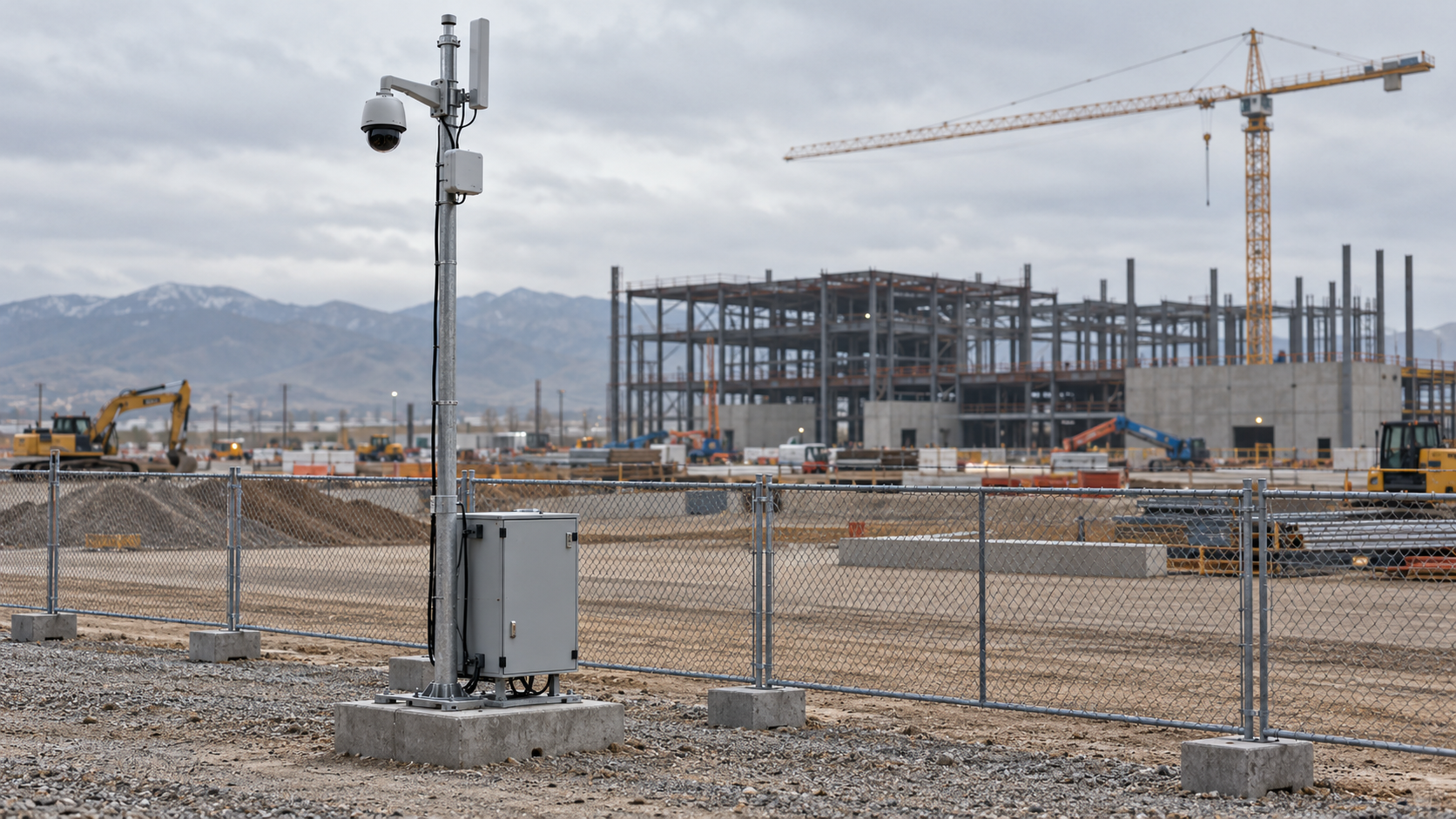 Illustrative jobsite deployment of an enclosed micro-wind unit on a perimeter mast carrying a camera, antenna and equipment cabinet, with a steel-frame building and tower crane behind