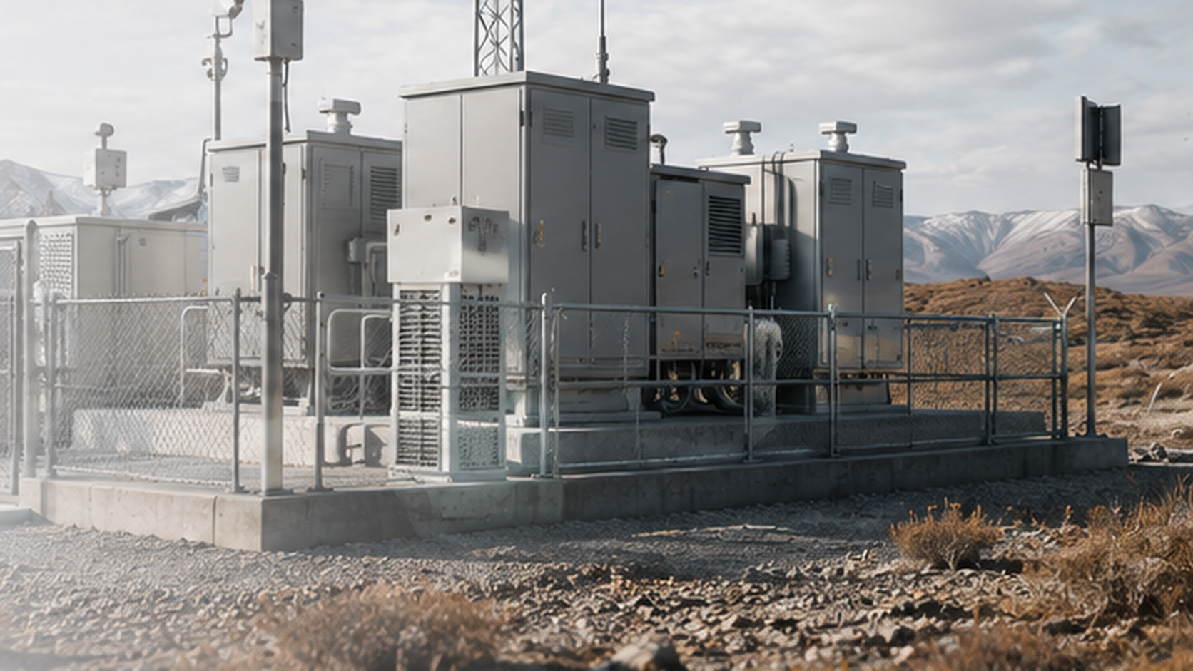 Illustration of enclosed micro-wind units along a data-center campus perimeter
