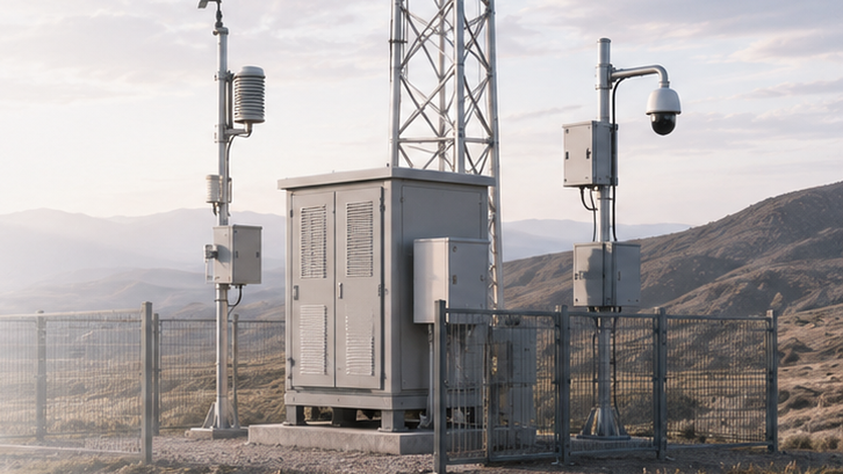 Illustration of enclosed micro-wind monitoring stations across an industrial tank farm