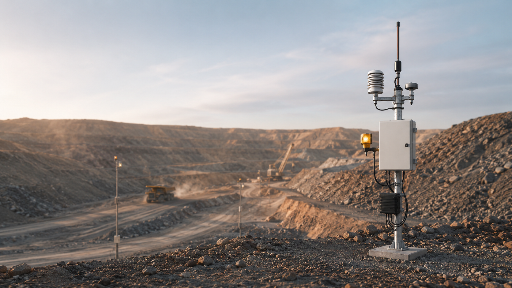 Illustration of enclosed micro-wind at a slope-monitoring station overlooking an open pit