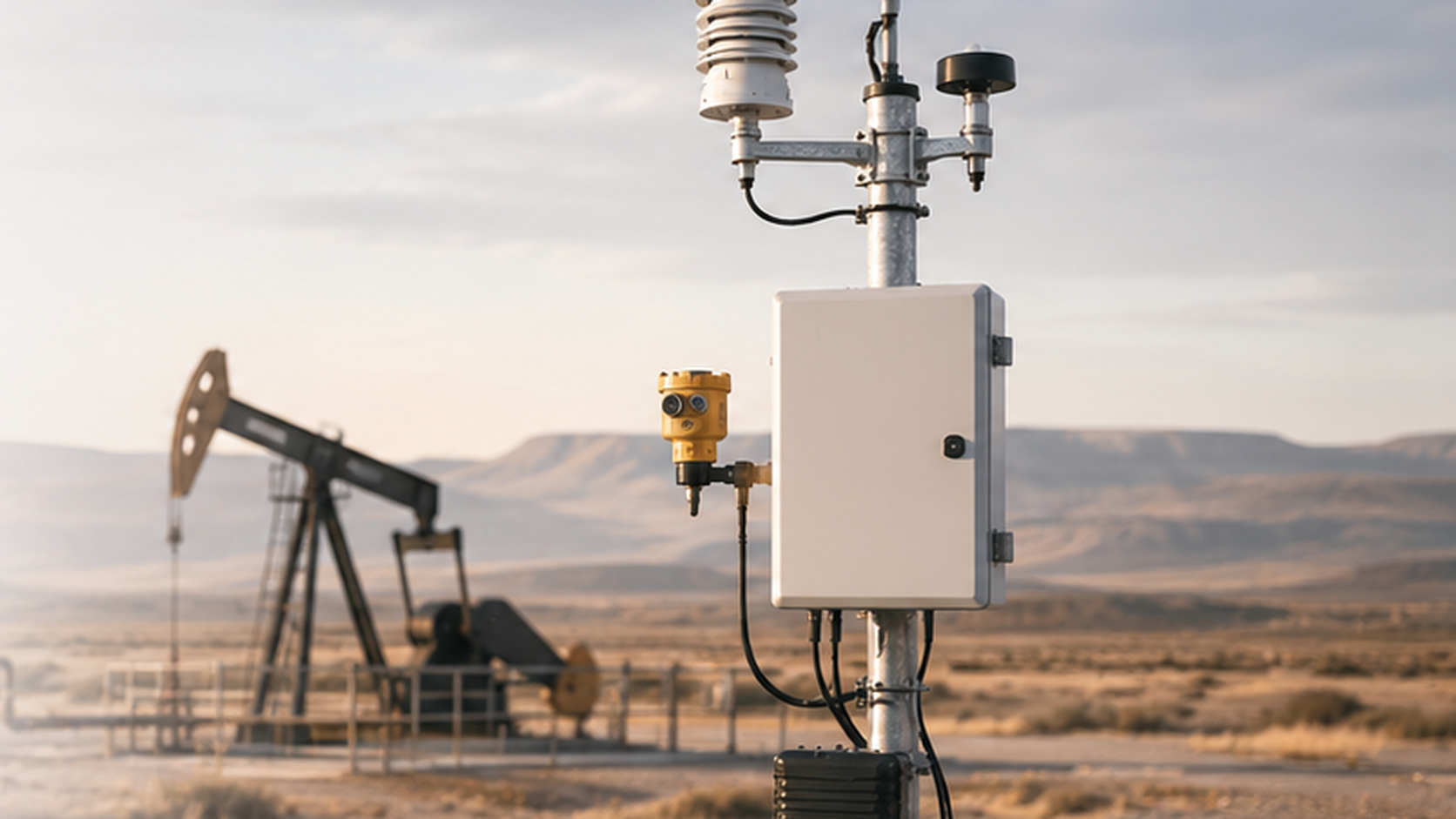 Illustrative field deployment of an enclosed micro-wind unit above a remote well-pad instrumentation compound