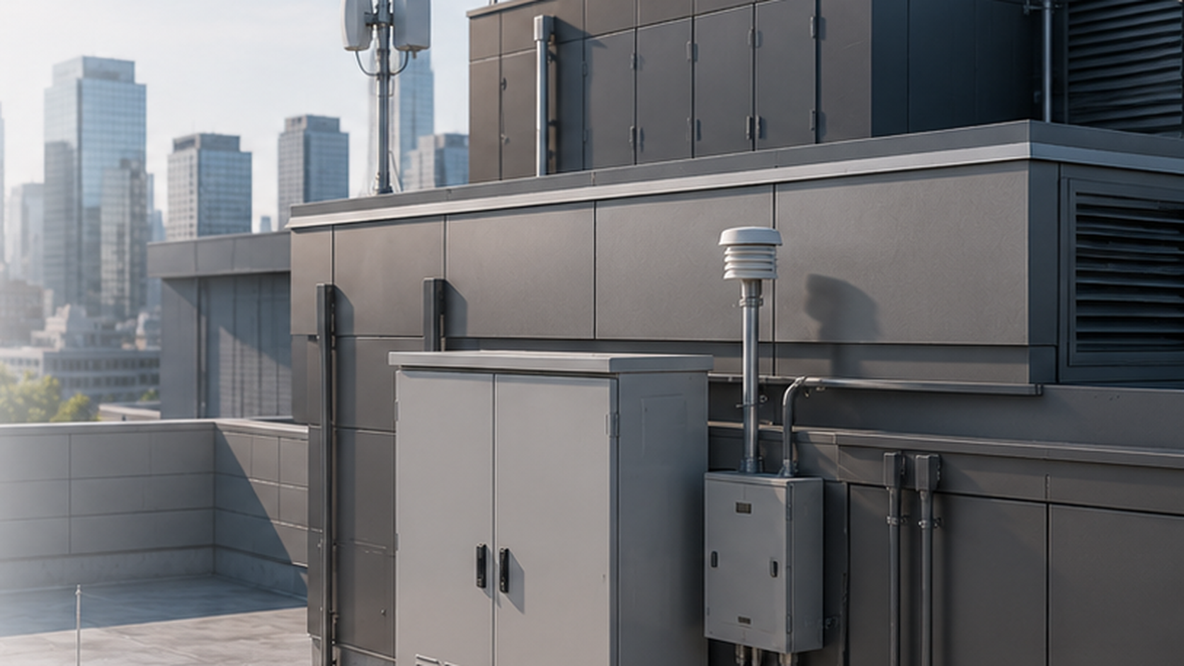 Illustration of enclosed micro-wind integrated with smart-city sensor infrastructure on a bridge