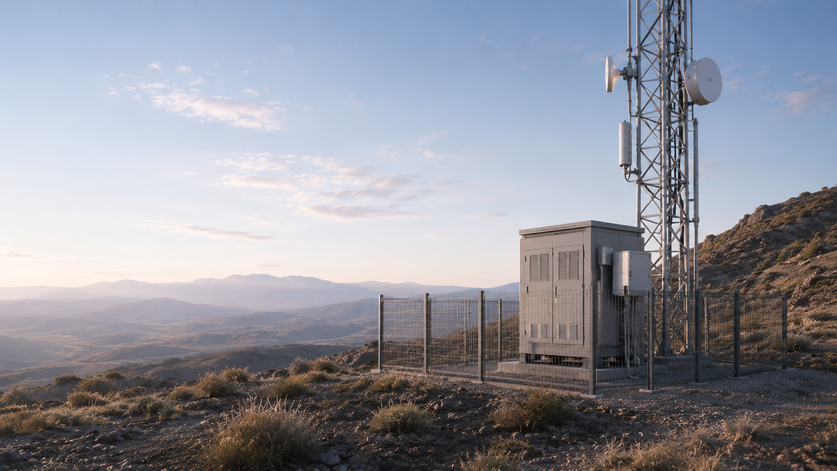 Illustration of an enclosed micro-wind unit mounted beside a rural communications tower