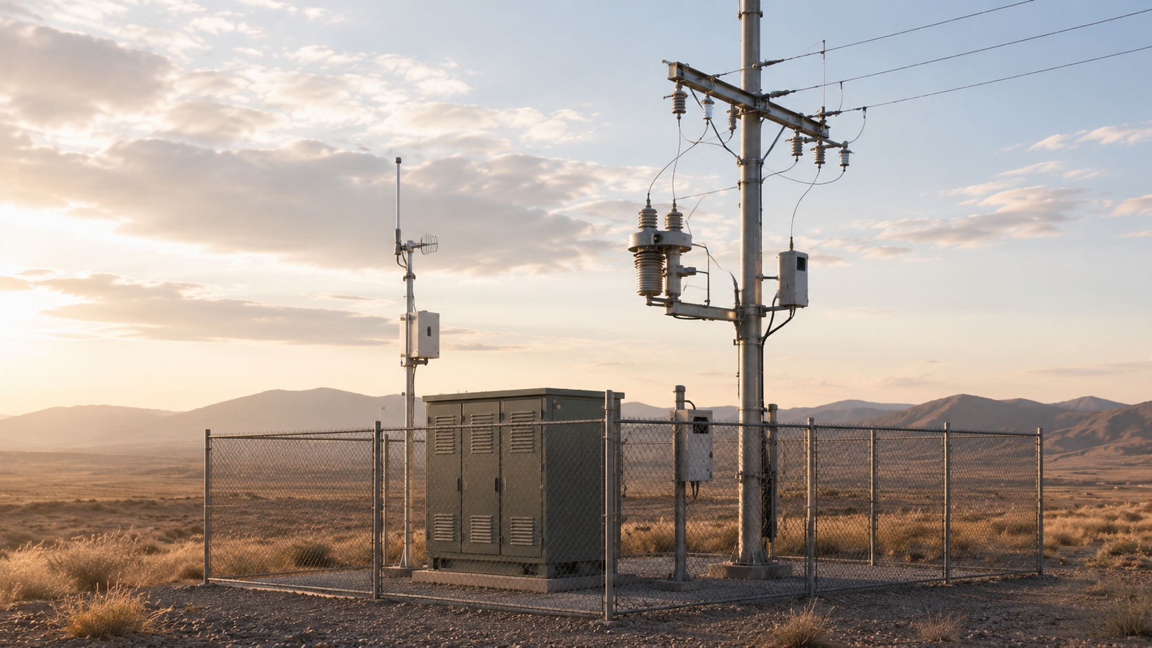 Illustration of enclosed micro-wind supporting pole-mounted grid sensors along a distribution corridor
